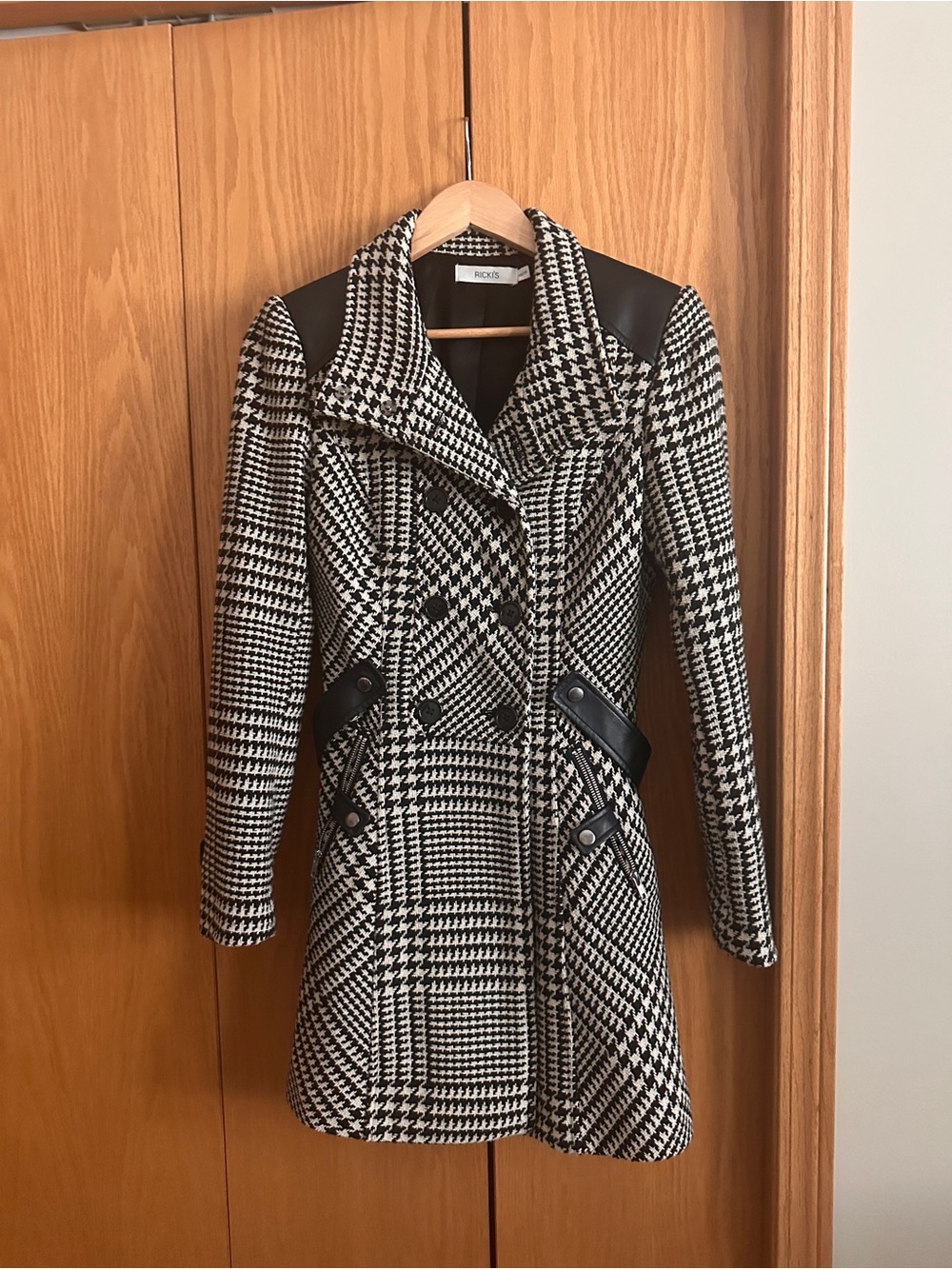 Houndstooth Double-Breasted Pea Coat with Faux Leather Trim - Black & White